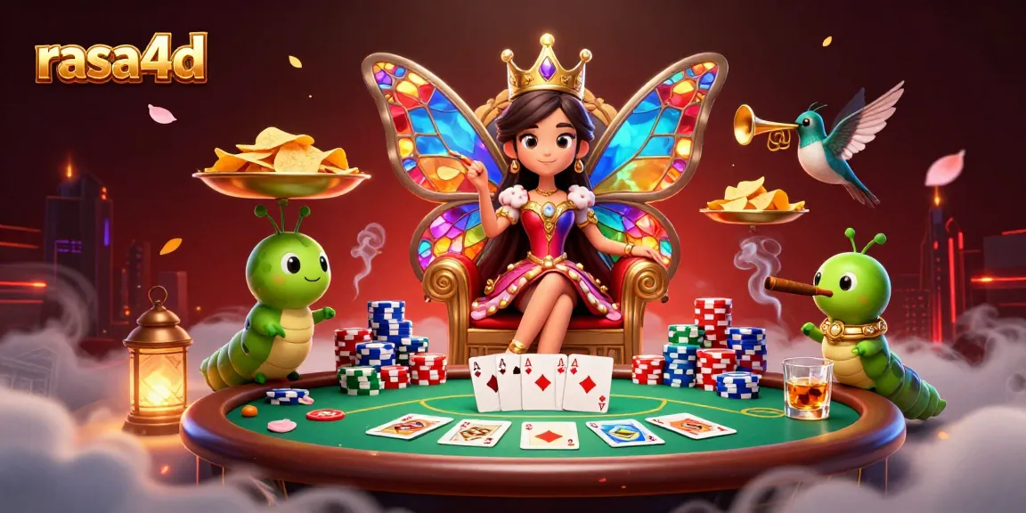 Rasa4d menyajikan ilustrasi kasino dengan ratu kupu-kupu dan chip judi.