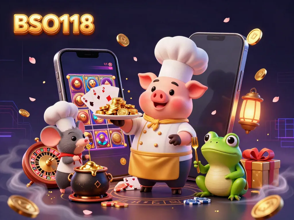 Experience exciting gameplay with BSO118 as pig chef serves gold coins, highlighting thrilling casino elements.