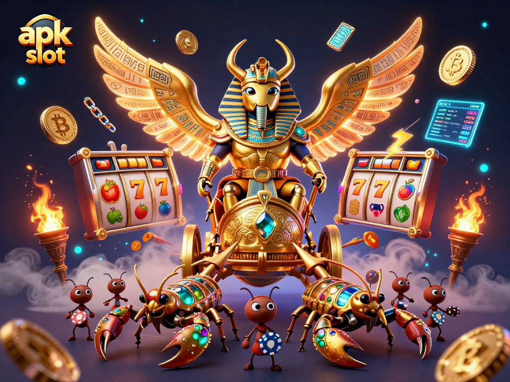 Mengakses apk slot melalui antarmuka menarik dengan karakter 3D kasino dan elemen keberuntungan.