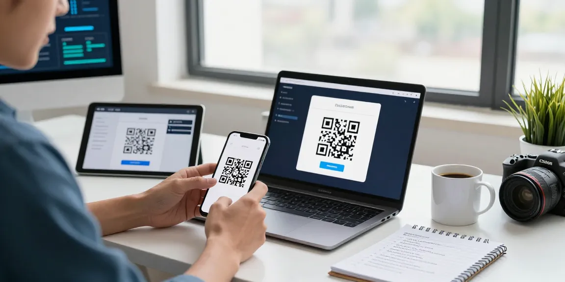 Efficient workspace with a person using a qr code scanner on their smartphone amidst modern tech devices.