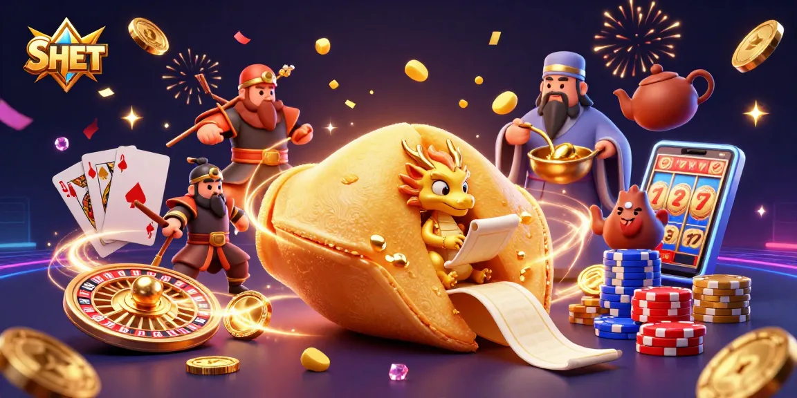 SH BET showcases a vibrant casino scene with golden fortune cookie characters, spinning roulette, and winning elements.