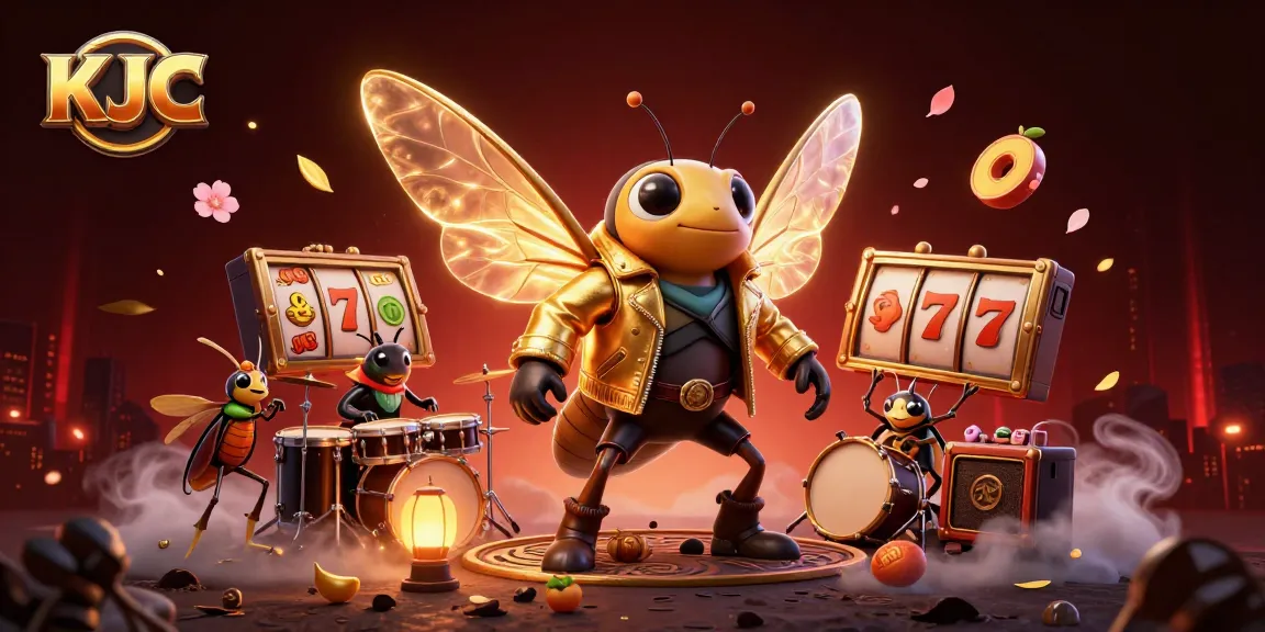 KJC captivates players with a vibrant 3D illustration of a rock star cicada in a golden jacket surrounded by exciting slot game elements.