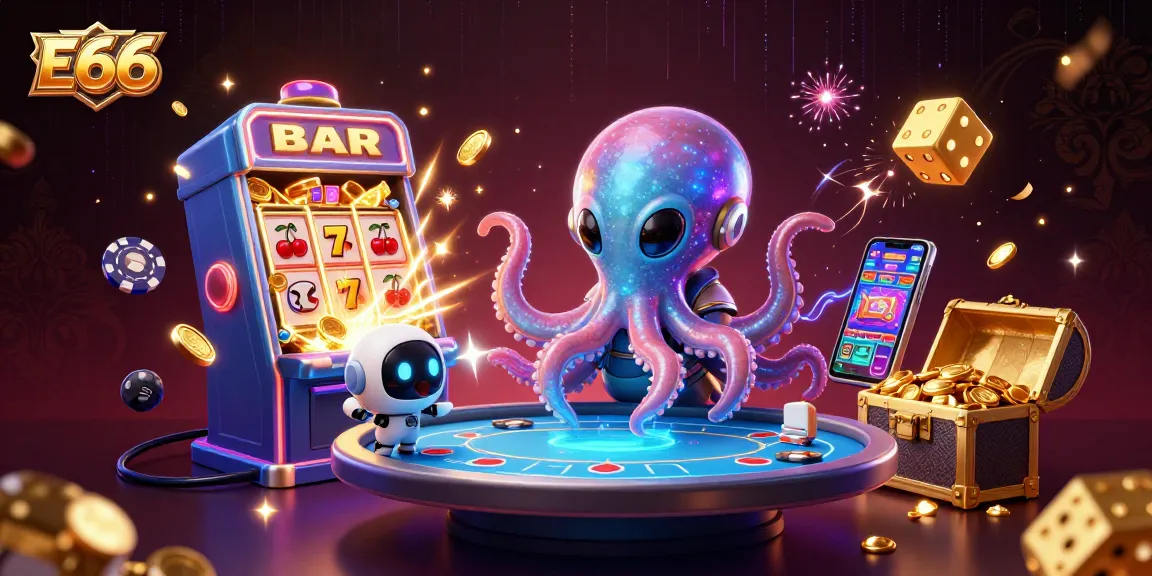 E66 apresenta uma cena vibrante com um polvo alienígena e um robô jogando poker, repleta de símbolos de slots e prêmios.