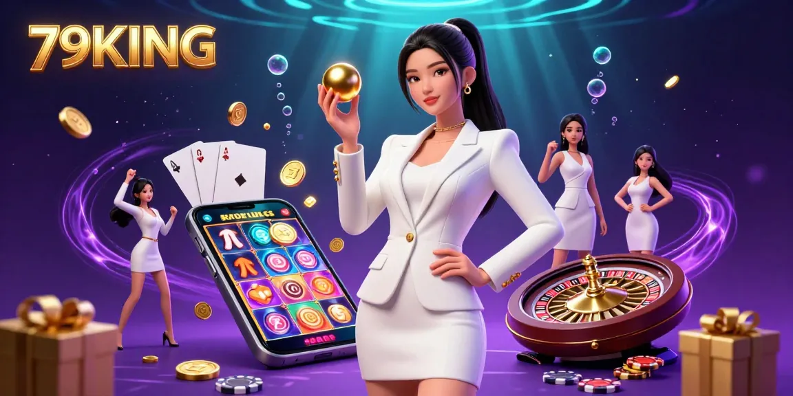 Engage in thrilling gameplay with 79KING's dazzling casino elements, featuring a confident dealer and vibrant games.