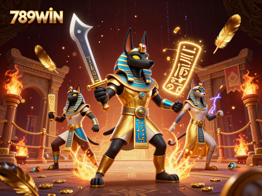 Engage with 789WIN's lively gaming scene featuring Anubis and Bastet in a richly themed casino