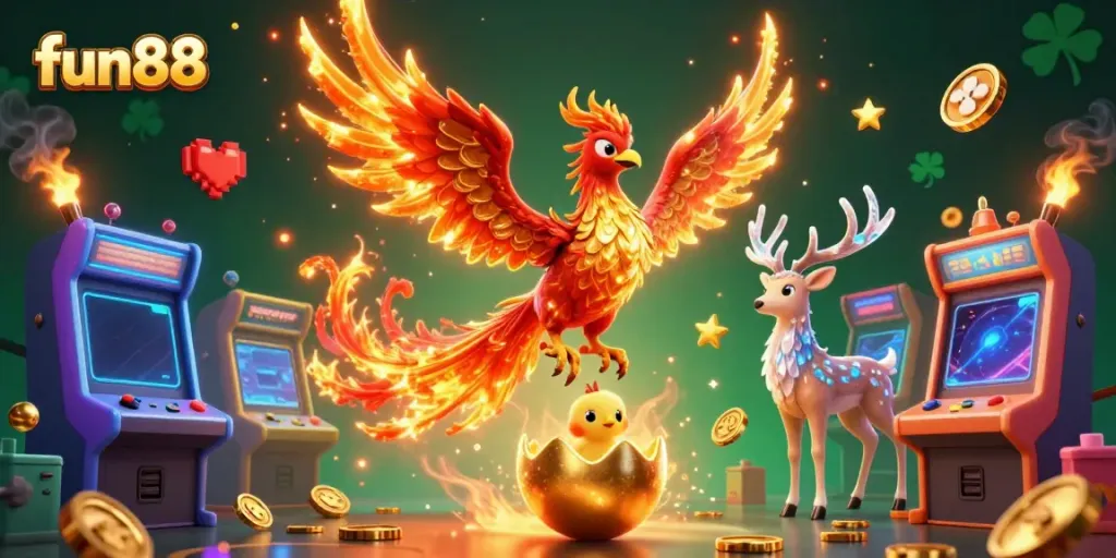 Experience the excitement of fun88 with a soaring phoenix and gaming elements in this vibrant 3D illustration.