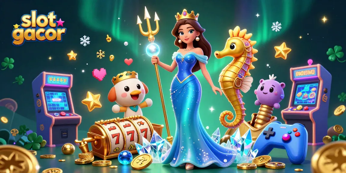 Terlibat dengan slot gacor dalam pemandangan bawah air yang cerah menampilkan seorang wanita memegang mutiara dan raja kuda laut di tengah elemen kasino.