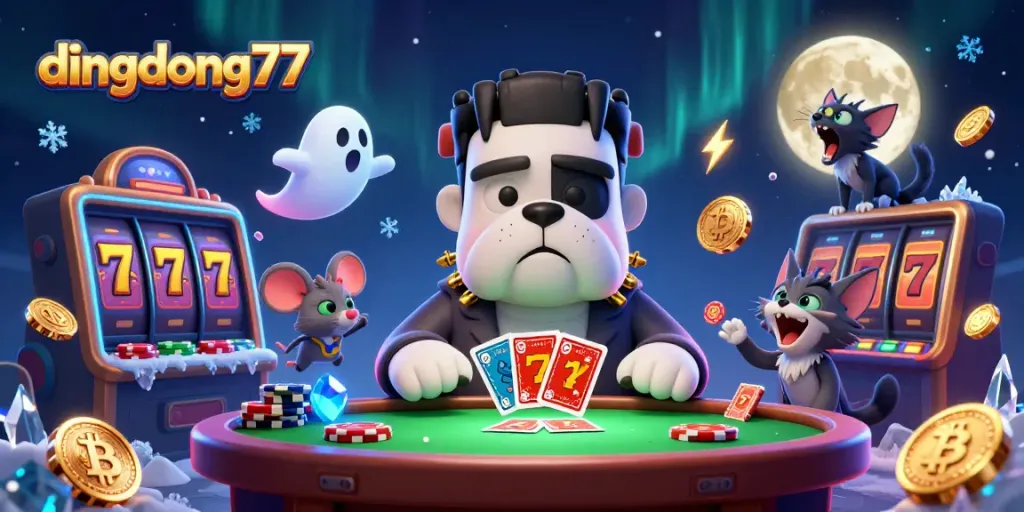 Experience thrilling wins at dingdong77 with lively characters and glowing casino symbols!