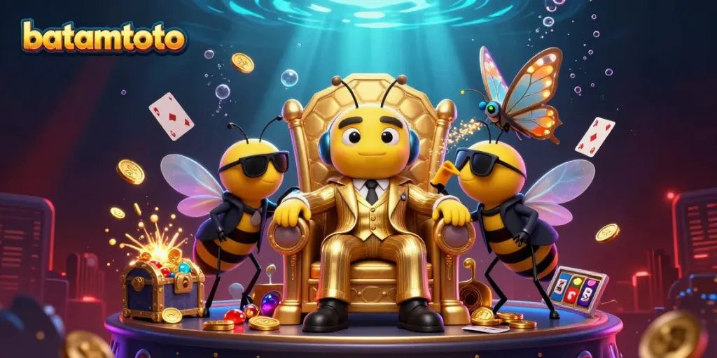 Exciting casino illustration showcasing batamtoto themed characters amidst animated slot reels and gold treasure.