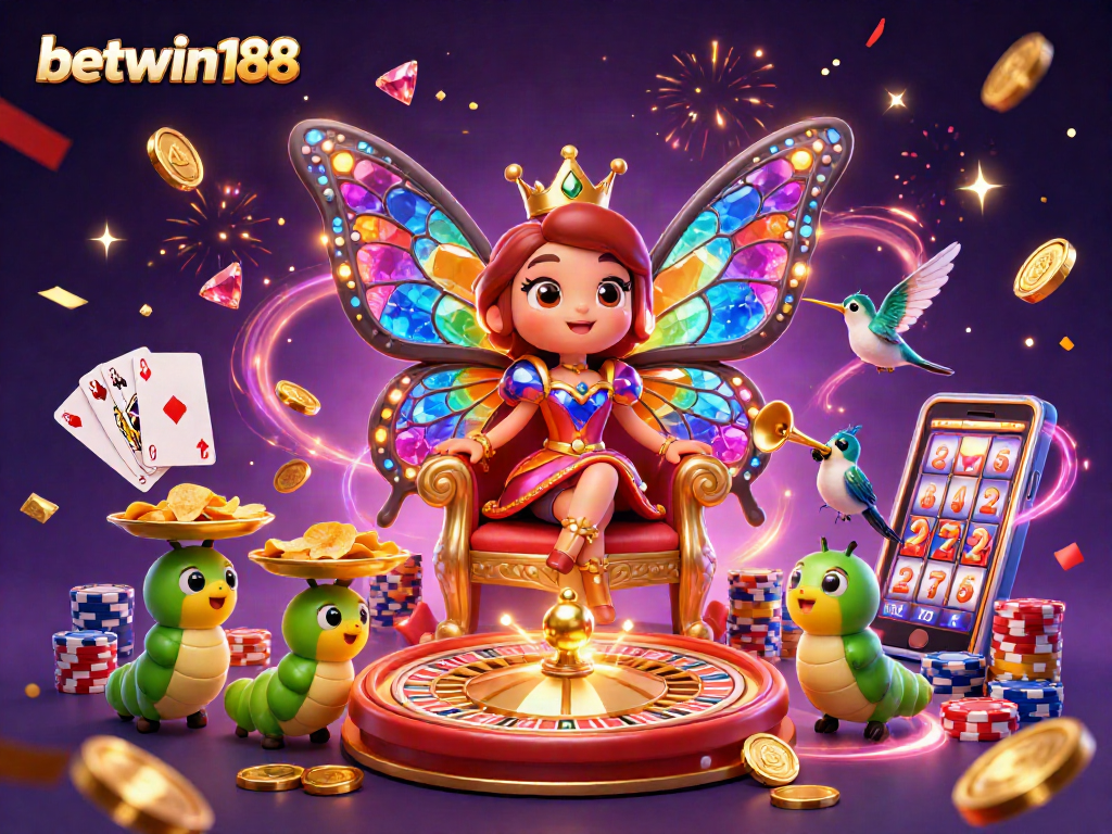 Engage with betwin188 featuring a dazzling butterfly queen surrounded by dynamic casino elements.