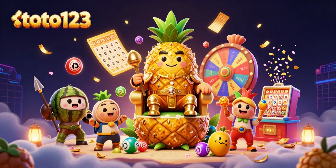 Witness the vibrant energy of toto123 with a golden pineapple king presiding over a dynamic casino scene.