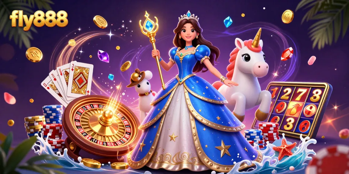 Experience the excitement of fly888 with beautiful 3D characters and vibrant casino elements.