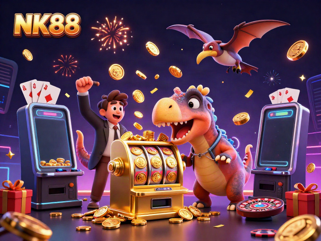 Experience NK88 with a dynamic scene of a cartoon dinosaur winning at a slot machine amidst falling coins and excitement.