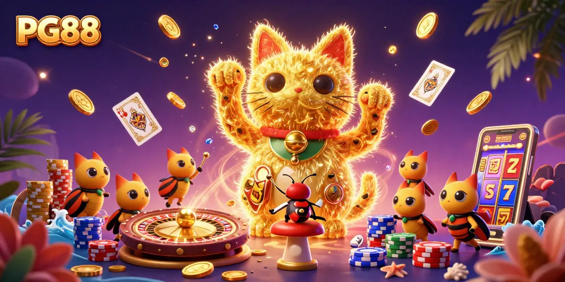 Experience the excitement of PG88 with a vibrant illustration of a lucky cat and casino symbols.