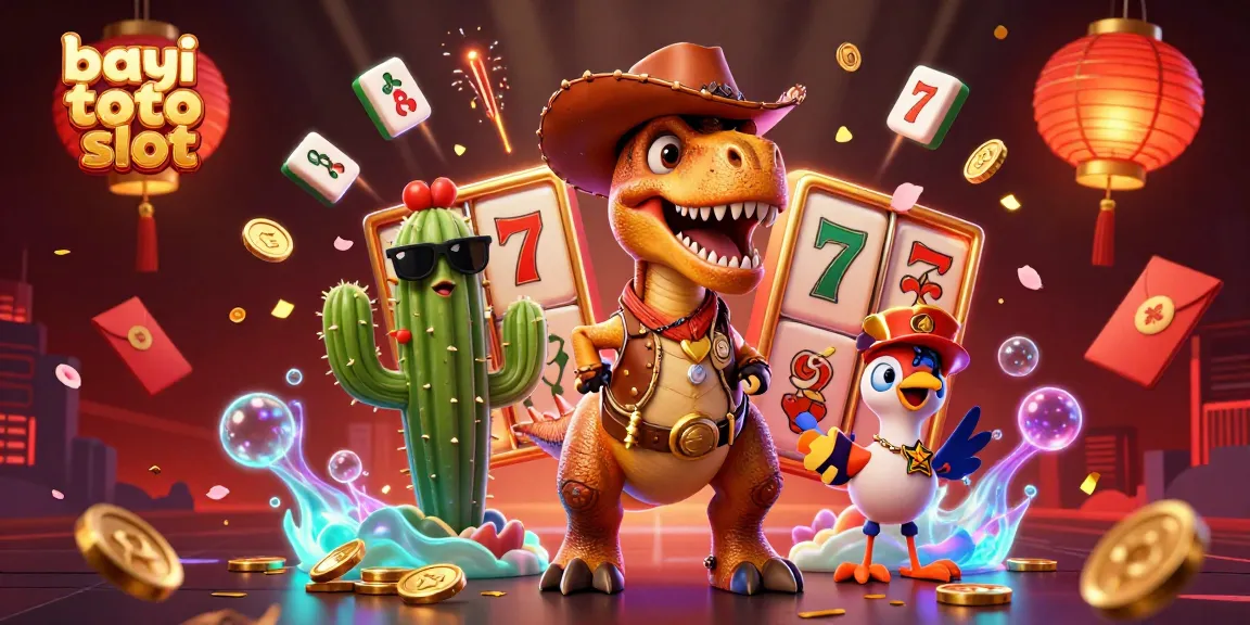 Bayi toto slot entertaining gameplay featuring a 3D T-Rex cowboy and casino elements in vibrant illustration