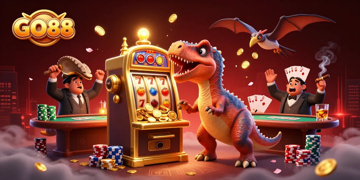 GO88 casino scene with a dinosaur triggering a jackpot, surrounded by vibrant gaming elements.