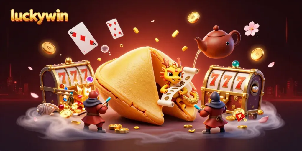 Experience the thrill of luckywin with a dragon by a golden fortune cookie amidst vibrant casino elements.