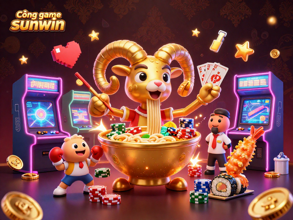 Cổng game sunwin features a lively scene with a giant ramen bowl dealer and sushi roll surrounded by vibrant casino elements.