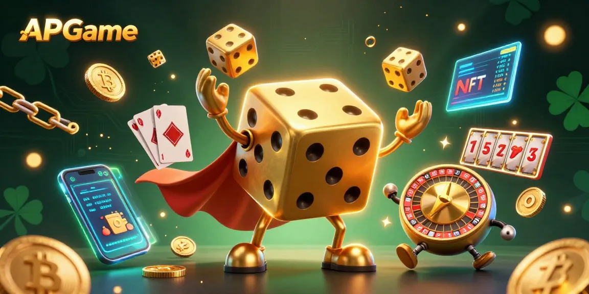 Experience the excitement of APGame's new online casinos with immersive slot gameplay and golden dice characters.