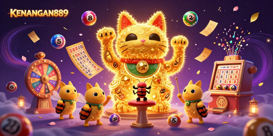 Experience the thrill of KENANGAN889 with vibrant casino symbols and dynamic lottery elements.