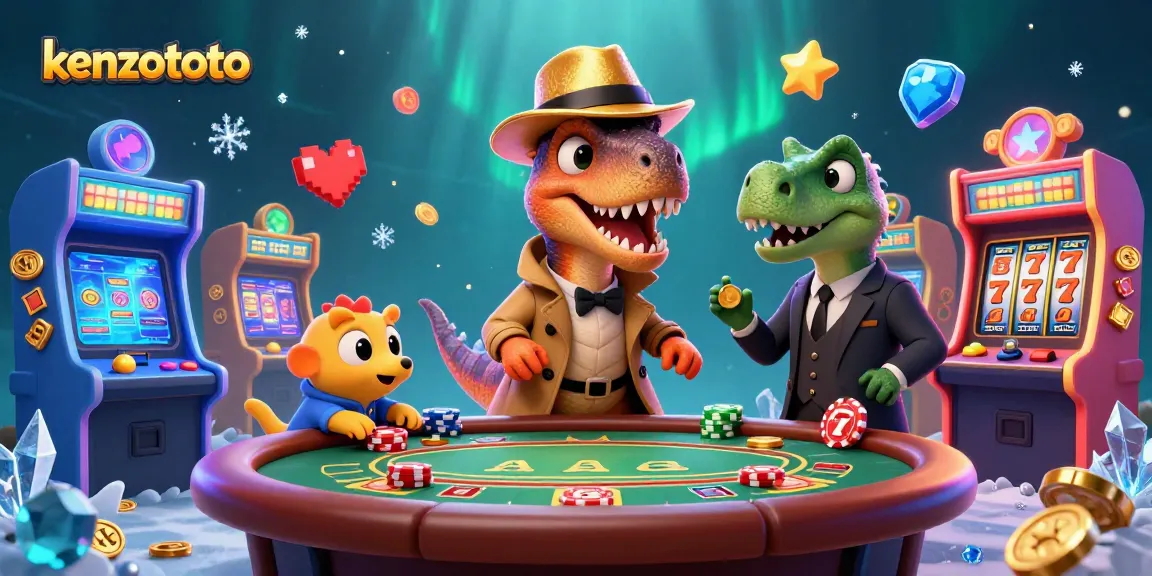 Kenzototo inspires excitement with a cartoon velociraptor and friends at a casino table, showcasing vibrant gaming elements.