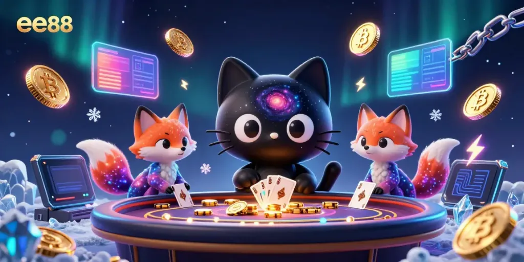 Play at ee88 with vibrant 3D visuals of cosmic casino games featuring a black hole cat and nebula fox.