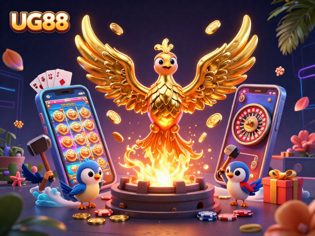 Experience the thrill of winning with UG88, featuring a dynamic casino scene with a golden phoenix.