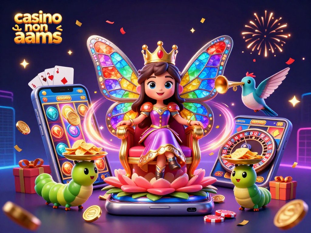 Visualizza la regalità nei casino non AAMS mentre una regina farfalla circondata da divertimento e premi.