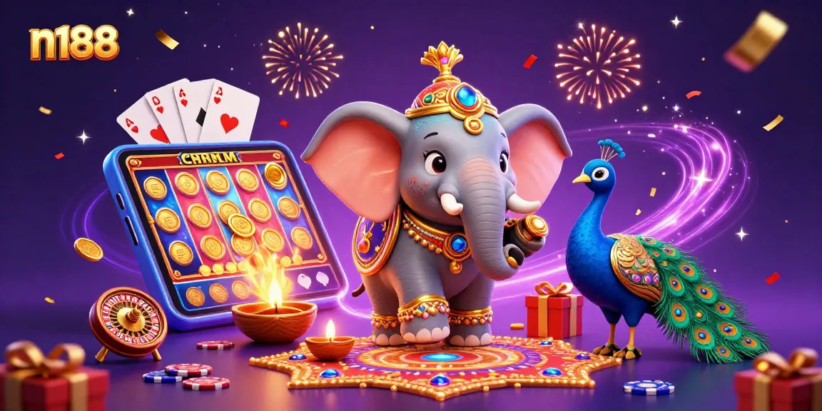 Experience n188's vibrant online gaming world with colorful slots, jackpots, and festive celebratory elements.