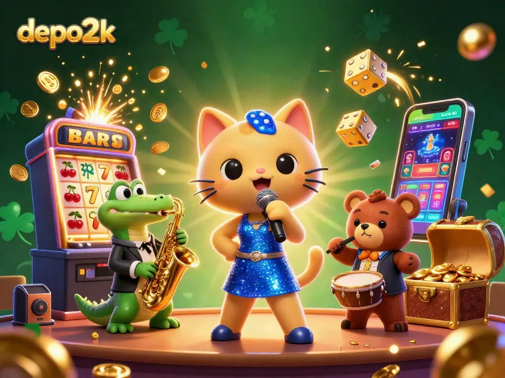 Experience high-energy gaming with depo2k, featuring a vibrant jazz scene with cartoon characters and slot machines.