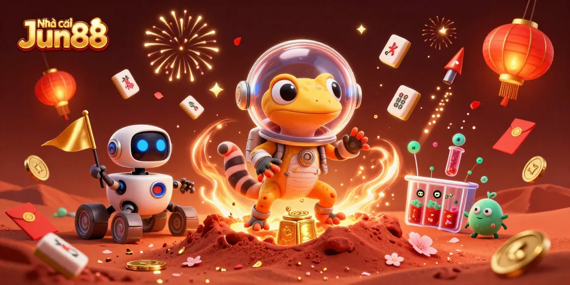 Experience thrilling gaming action at Nhà cái Jun88 with vibrant casino-themed 3D illustration.