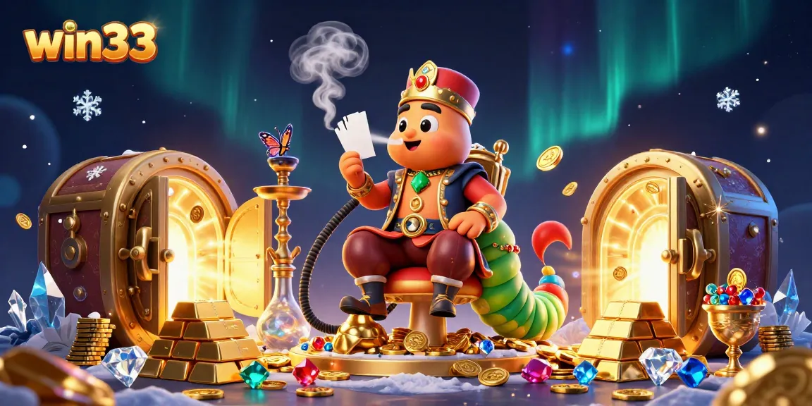 Experience thrilling action at win33 with a vibrant casino scene featuring a whimsical caterpillar character and gleaming treasures.