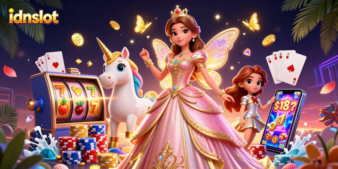 Play dynamic slots with idnslot, showcasing 3D characters and vibrant casino elements.