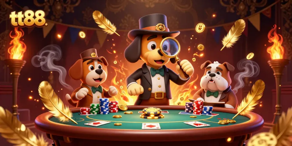 Spin and win at tt88 with a detective investigating poker clues and treasure in a vibrant casino.