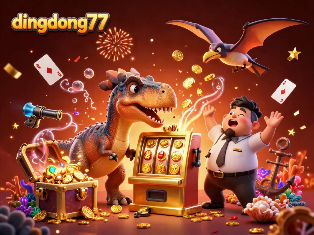 Experience the thrilling moment as dingdong77's pachycephalosaurus triggers a golden jackpot slot, capturing excitement with every flying coin.