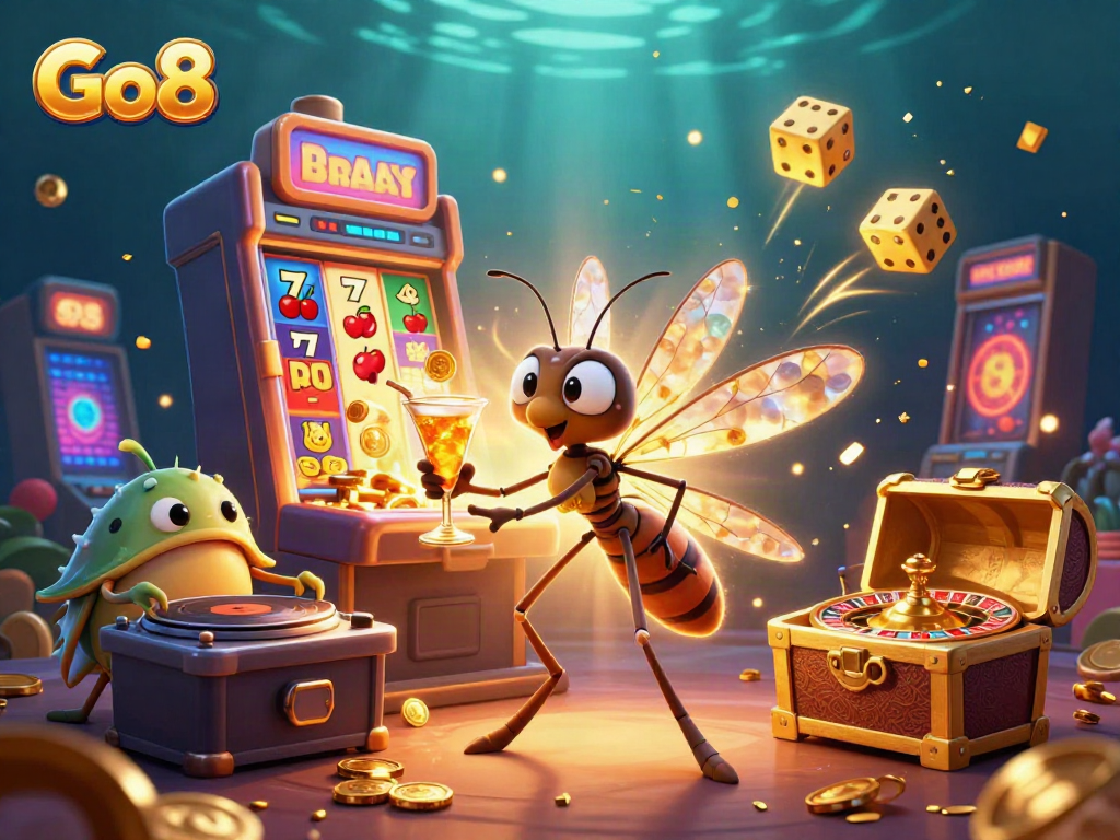Engaging illustration of Go8 showcasing a unique casino scene with a frozen mosquito mascot, trilobite DJ, and golden roulette.