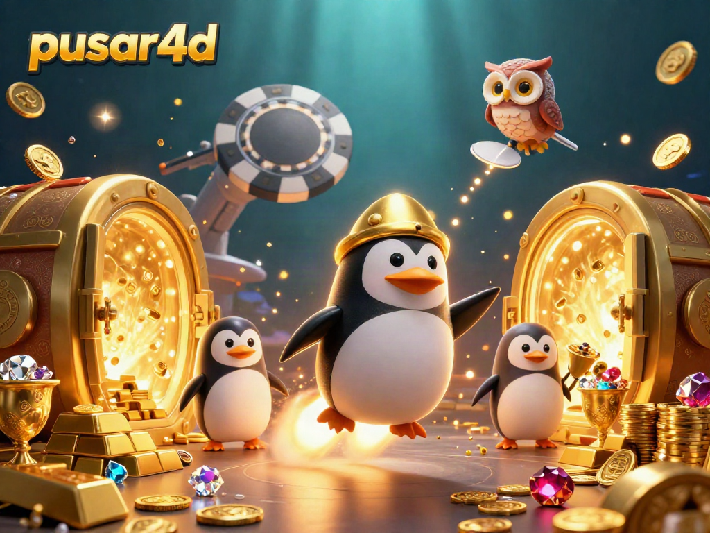 Pengalaman menarik bermain pusar4d dengan penguin emas dan harta berkilau dalam suasana kasino.