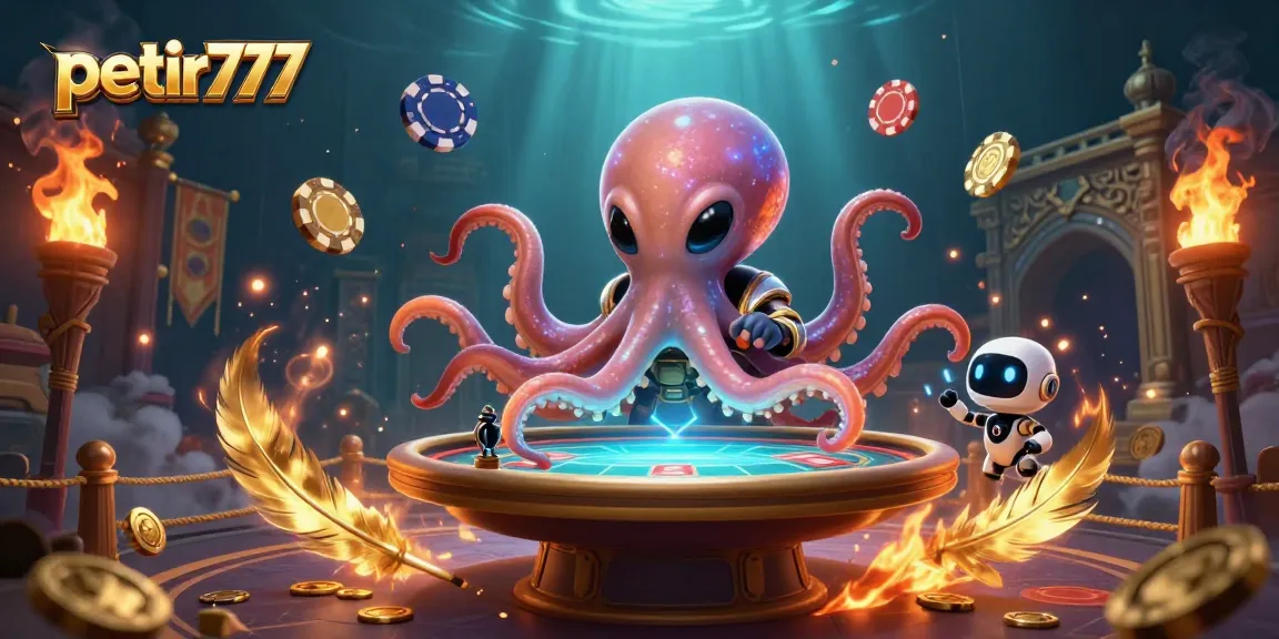 Experience the fun of petir777 with this vibrant 3D illustration of an alien octopus playing poker.