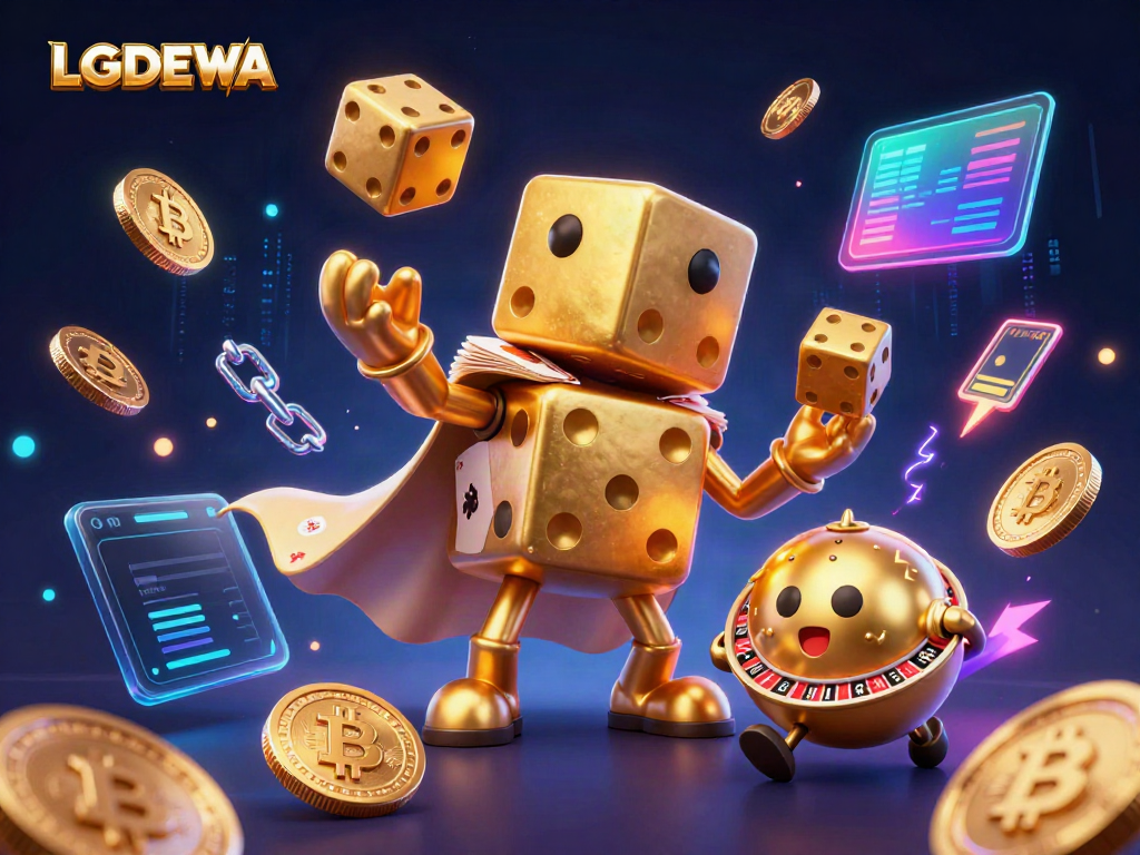 Join the vibrant world of LGODEWA with golden dice, cryptocurrency coins, and lively casino elements.