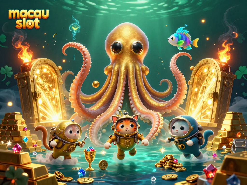 Permainan slot macau menampilkan kraken, kucing menyelam, dan ikan laut dalam yang bersinar.