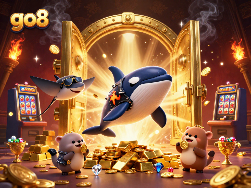 Engaging scene of go8 with vibrant cartoon characters, slot machines, and treasures, showcasing entertainment.