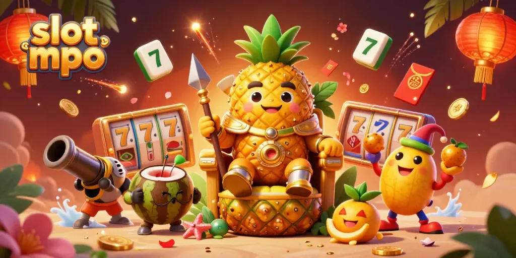 Engage with slot mpo excitement in a tropical-themed casino scene featuring a pineapple king and golden treasures.