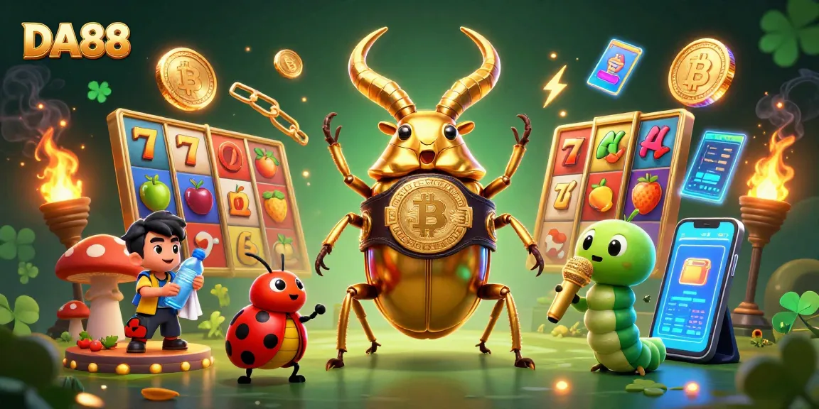 Experience thrilling slots at DA88 with a giant stag beetle champion in an energetic casino scene.