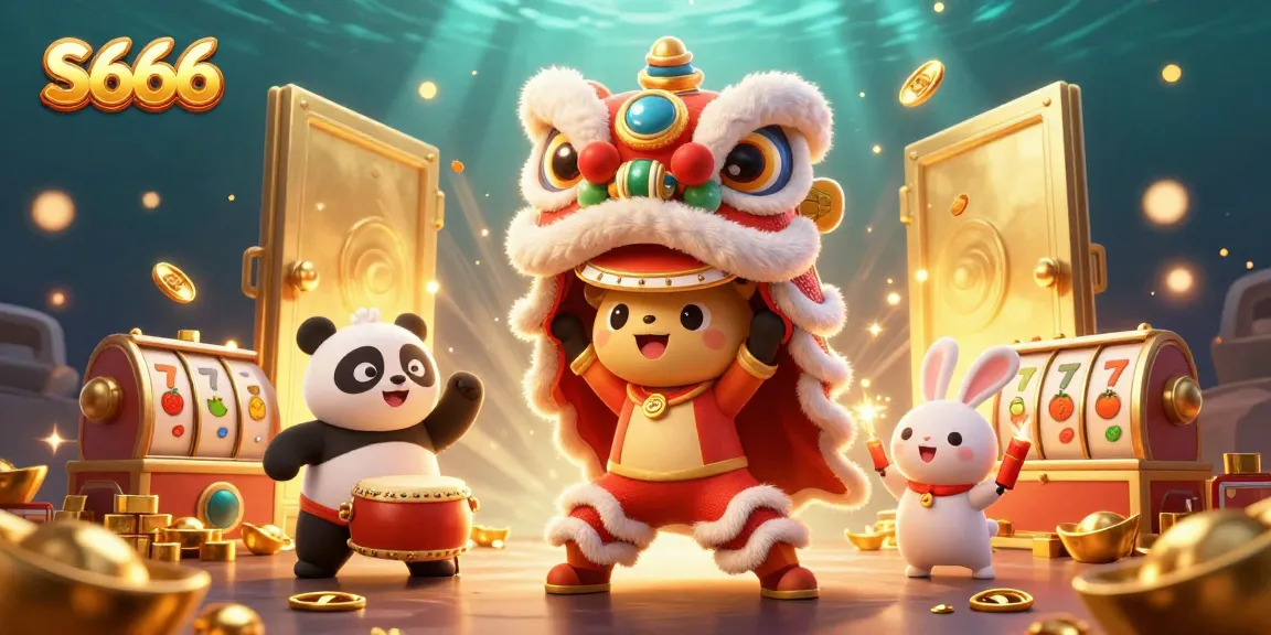 Join the festive celebration at S666 with a stunning online casino scene featuring playful characters and exciting gaming elements.