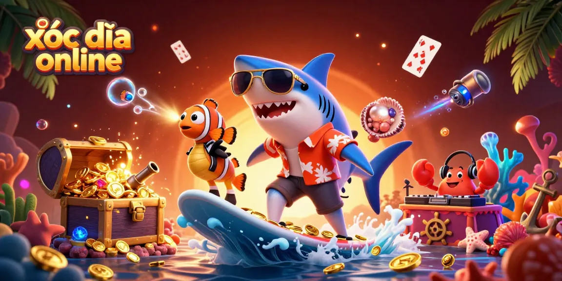 Engage in xóc đĩa online fun with a vibrant underwater casino scene featuring a shark and clownfish.