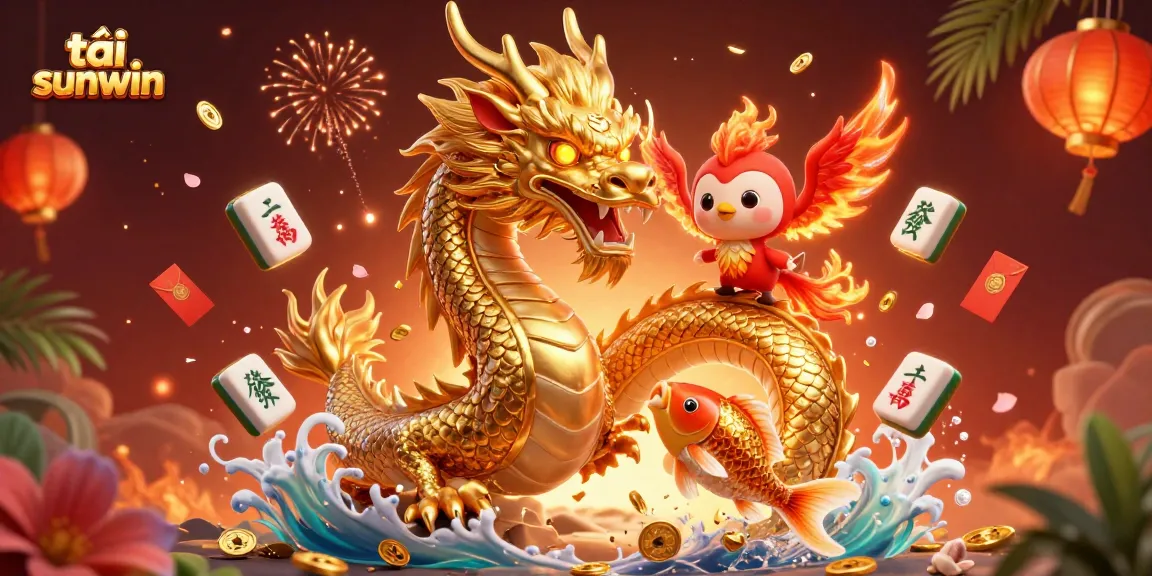 Join the action with tải sunwin as the golden dragon, flaming phoenix, and koi fish leap amidst colorful casino elements.