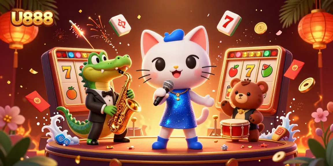 Experience the thrill of U888 with our vibrant casino scene featuring a singing cat, saxophone crocodile, and drumming bear.