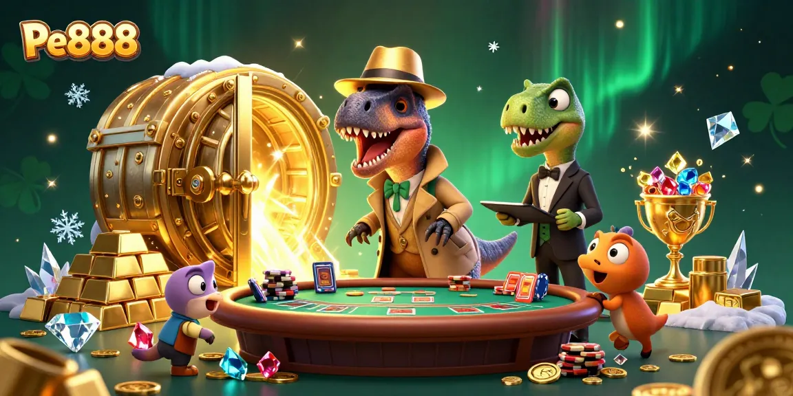 Pe888 casino scene featuring a velociraptor card counter at a blackjack table with dynamic golden effects.
