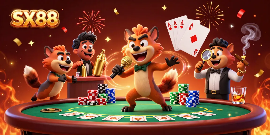 SX88 hyenas hosting a vibrant casino scene filled with poker tables and confetti, showcasing exciting gambling entertainment.