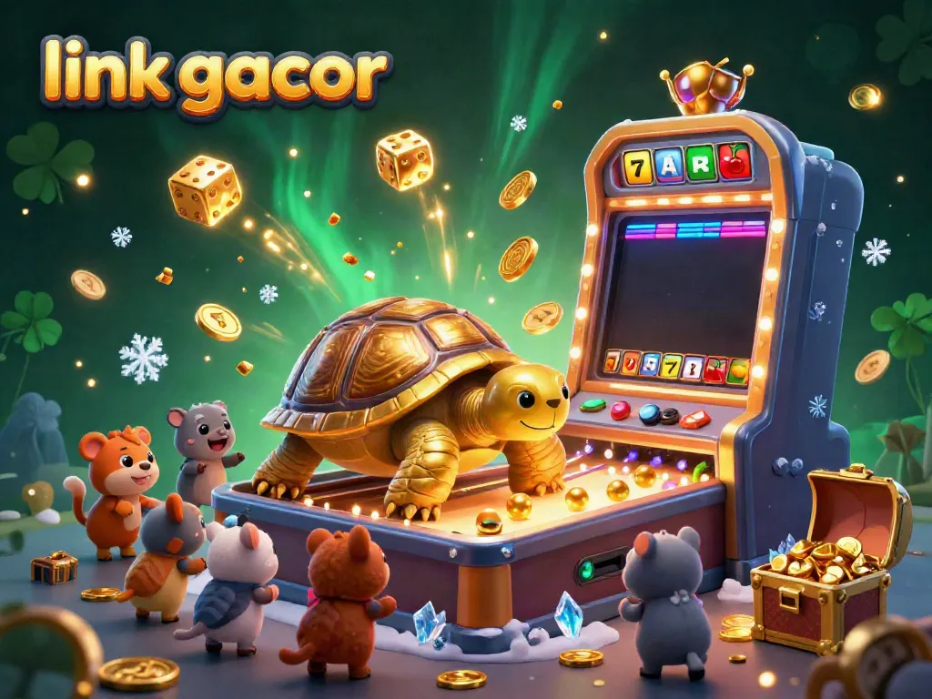 Experience thrilling gameplay at link gacor with a vibrant casino scene, showcasing a joyful tortoise and exciting gaming elements.